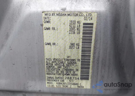 2014 Nissan Altima 2.5 Sl z USA, uszkodzony, nr VIN 1N4AL3AP2EC288754